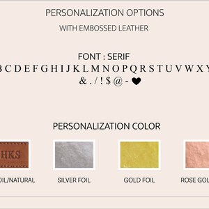 May include: A graphic showing personalization options for a leather product. The font is serif and the options include no foil, silver foil, gold foil, and rose gold foil.
