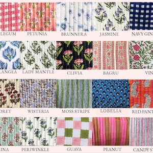 May include: A grid of twenty quilted fabric swatches featuring various patterns including gingham, stripes, floral prints, and animal motifs. Each swatch is labeled with names like Bubblegum, Petunia, Brunnera, Jasmine, Navy Gingham, Hydrangea, Lady Mantle, Clivia, Bagru, Vine, Floret, Wisteria, Moss Stripe, Lobelia, Red Panther, Marina, Periwinkle, Guava, Peanut, and Candy Stripe.