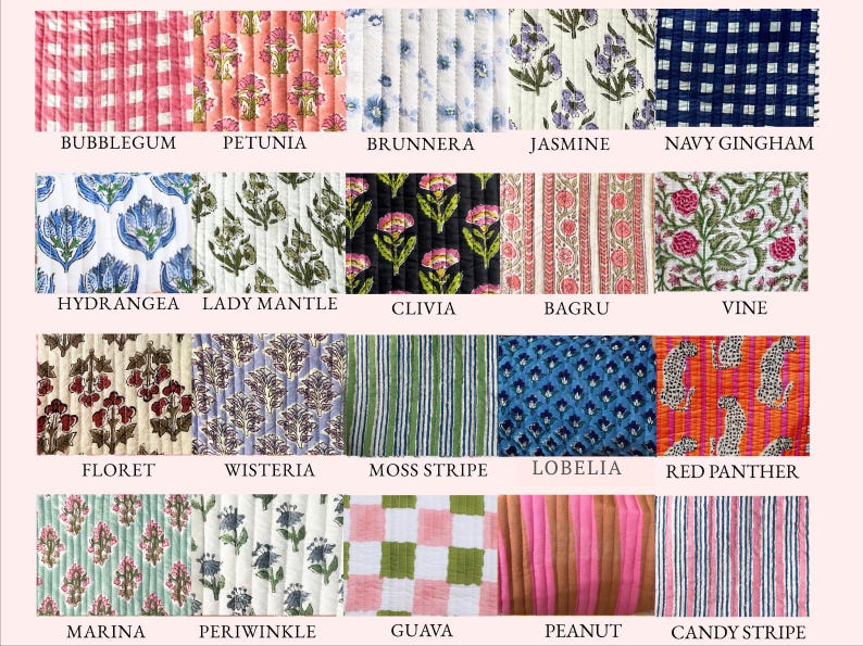 May include: A grid of twenty quilted fabric swatches featuring various patterns including gingham, stripes, floral prints, and animal motifs. Each swatch is labeled with names like Bubblegum, Petunia, Brunnera, Jasmine, Navy Gingham, Hydrangea, Lady Mantle, Clivia, Bagru, Vine, Floret, Wisteria, Moss Stripe, Lobelia, Red Panther, Marina, Periwinkle, Guava, Peanut, and Candy Stripe.