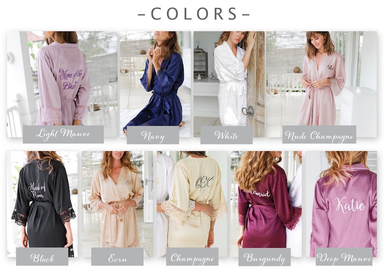 May include: A selection of satin robes in shades like light mauve, navy, white, and nude champagne. The robes have lace detailing on the sleeves and personalized text on the back, including "Mom of the Bride" and "Katie".