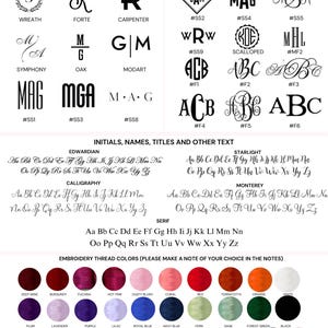 May include: A chart displaying embroidery options including various monogram styles, initial designs, and font sets like Edwardian, Starlight, Calligraphy, Monterey, and Serif. It also features a color palette of embroidery threads in many shades.