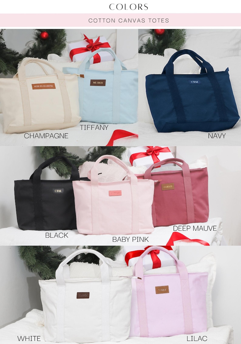 May include: Ten cotton canvas tote bags in various colors, including champagne, tiffany blue, navy, black, baby pink, deep mauve, white, and lilac. Each bag has a small leather patch with the word "CARAT" on it.