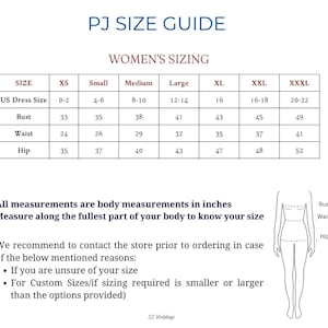 May include: A PJ SIZE GUIDE chart displaying sizing from XS to XXXL with corresponding US dress sizes, bust, waist, and hip measurements in inches. It includes a line drawing of a figure indicating where to measure and text instructions.