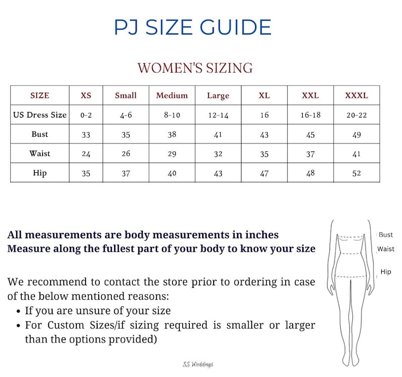 May include: A PJ SIZE GUIDE chart displaying sizing from XS to XXXL with corresponding US dress sizes, bust, waist, and hip measurements in inches. It includes a line drawing of a figure indicating where to measure and text instructions.