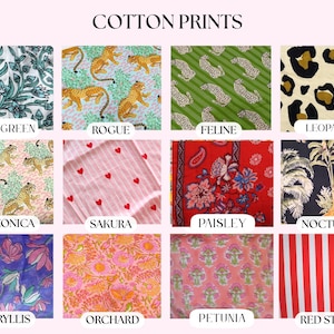 May include: A grid of twelve cotton fabric swatches labelled Cotton Prints. Patterns include floral, leopard, heart, stripe, and animal motifs in various colours like green, pink, red, black, and blue. Each swatch has a distinct name printed below it.