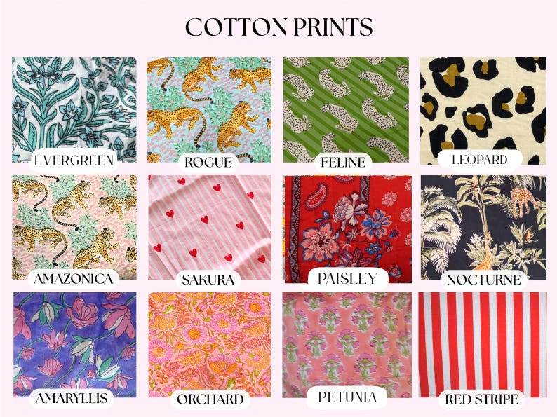 May include: A grid of twelve cotton fabric swatches labelled Cotton Prints. Patterns include floral, leopard, heart, stripe, and animal motifs in various colours like green, pink, red, black, and blue. Each swatch has a distinct name printed below it.