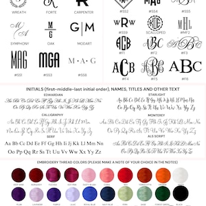 May include: A chart displaying embroidery options including initial styles, monograms, and fonts like Edwardian, Starlight, Calligraphy, Monterey, Serif, and ALS Script. It also features a color palette of thirty-three thread colors with labels.