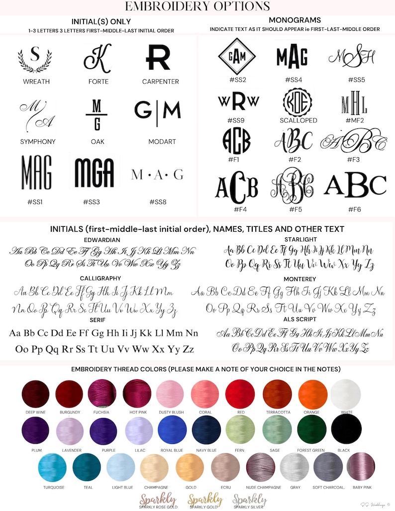 May include: A chart displaying embroidery options including initial styles, monograms, and fonts like Edwardian, Starlight, Calligraphy, Monterey, Serif, and ALS Script. It also features a color palette of thirty-three thread colors with labels.