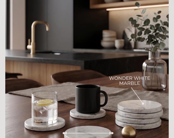 Wonder White Natural Marble Coasters | Set of 4 Solid Stone Drink Coasters | 4" Minimalist Round Coasters | Modern Coffee Table Decor