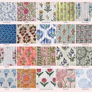 May include: A grid of twenty fabric swatches featuring various floral and geometric block-print patterns. Each square displays a unique design with names including Bluebliss, Eden, Snowdrop, Fern, Blue Mist, Lobelia, Floret, Hydrangea, Marina, Peacock, Peony, Petunia, Carnation, Jasmine, Mandala, Tulip, Orchard, Chrysanthemum, Peachy, and Seashell.