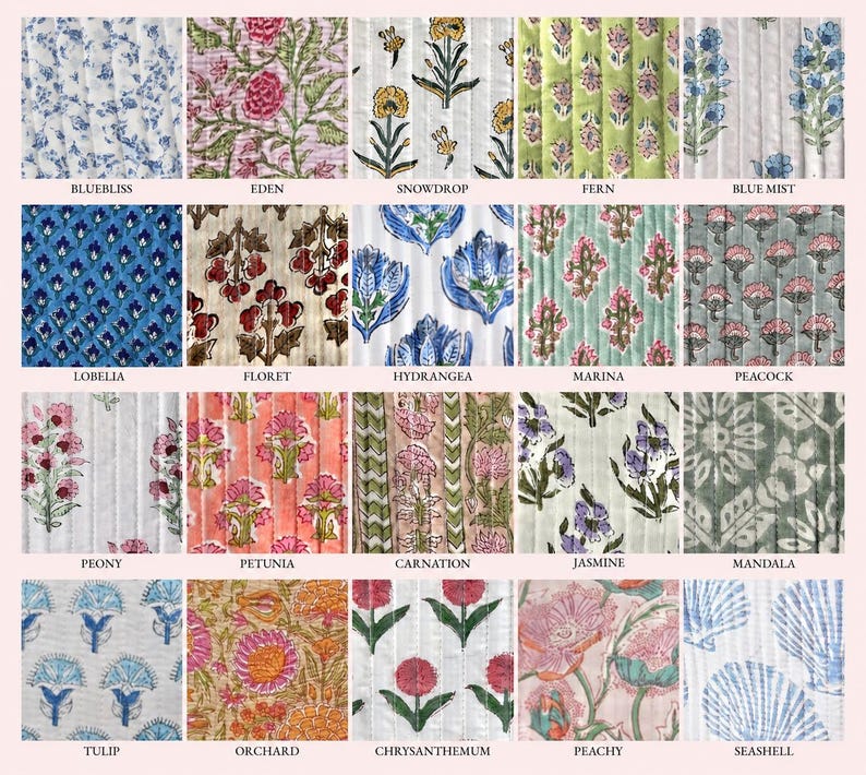 May include: A grid of twenty fabric swatches featuring various floral and geometric block-print patterns. Each square displays a unique design with names including Bluebliss, Eden, Snowdrop, Fern, Blue Mist, Lobelia, Floret, Hydrangea, Marina, Peacock, Peony, Petunia, Carnation, Jasmine, Mandala, Tulip, Orchard, Chrysanthemum, Peachy, and Seashell.