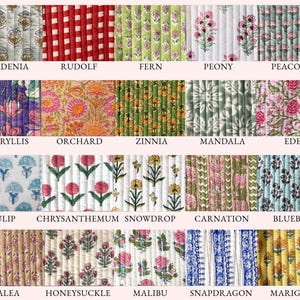 May include: A collection of quilted fabric swatches with floral and geometric patterns. Each swatch features a different design, including gardenia, rudolf, fern, peony, peacock, amaryllis, orchard, zinnia, mandala, eden, tulip, chrysanthemum, snowdrop, carnation, bluebell, azalea, honeysuckle, malibu, snapdragon, and marigold.