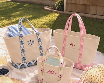 Gepersonaliseerde canvas draagtas met bloemenprint | Tas met monogram en blokdruk | Cadeau voor bruidsmeisjes | Uniek kerstcadeau voor haar
