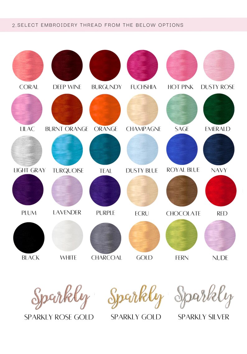 Puede incluir: Una tabla de colores de hilo para bordar, que incluye coral, vino tinto, burdeos, fucsia, rosa intenso, rosa polvoriento, lila, naranja quemado, naranja, champ&aacute;n, salvia, esmeralda, gris claro, turquesa, verde azulado, azul cielo, azul real, azul marino, ciruela, lavanda, morado, crudo, chocolate, rojo, negro, blanco, carb&oacute;n, oro, helecho, nude, oro rosa brillante, oro brillante y plata brillante.