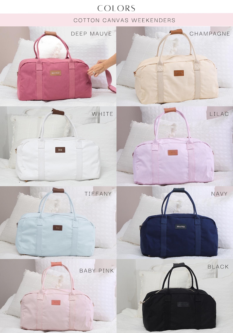 May include: A set of ten cotton canvas weekender bags in various colors, including deep mauve, champagne, white, lilac, tiffany, baby pink, navy, and black. Each bag features a brown leather handle and a small leather patch with the word "BM" or "MAFTER" embossed on it.