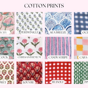 May include: A grid of twelve cotton fabric swatches labelled Cotton Prints. Patterns include pink florals, blue sprigs, blue shells, blue gingham, green floral, pink flowers, pink and blue stripes, yellow and pink checks, red floral, red floral, red gingham, and green trees.