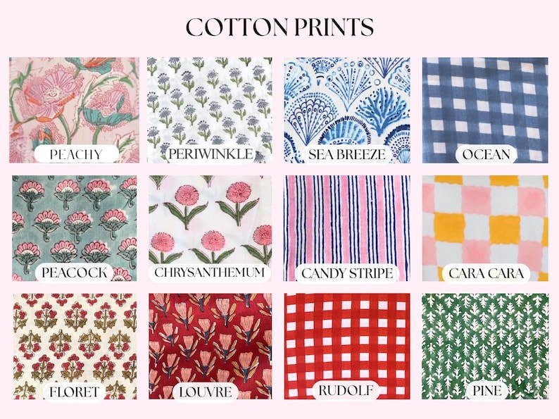 May include: A grid of twelve cotton fabric swatches labelled Cotton Prints. Patterns include pink florals, blue sprigs, blue shells, blue gingham, green floral, pink flowers, pink and blue stripes, yellow and pink checks, red floral, red floral, red gingham, and green trees.