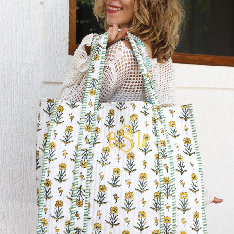 Embroidered Bridesmaid Tote Bag Quilted Personalized, Block Print Bridal Gift, Beach Bag Baby, Monogramed Floral Causal Boho Pool Tote Bag