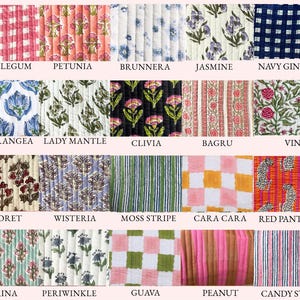 May include: A selection of quilted fabric swatches showcasing diverse patterns, such as florals, stripes, and checks. Each fabric is identified with a name like "Bubblegum," "Petunia," and "Navy Gingham." The colour scheme features pinks, blues, greens, and oranges, offering a variety of design options.