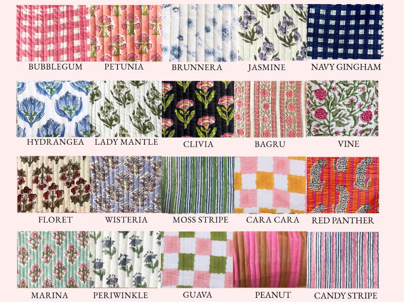 May include: A selection of quilted fabric swatches showcasing diverse patterns, such as florals, stripes, and checks. Each fabric is identified with a name like "Bubblegum," "Petunia," and "Navy Gingham." The colour scheme features pinks, blues, greens, and oranges, offering a variety of design options.