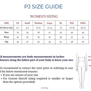 May include: A women's pajama size guide, displaying measurements in inches for bust, waist, and hip. Sizes range from XS to XXXL, with corresponding UK dress sizes. Includes a body diagram for measurement reference.
