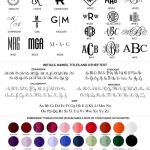 Może przedstawiać: Obraz przedstawiający opcje haftu: inicjały, monogramy i czcionki (Edwardian, Starlight, Serif). Zawiera paletę kolor&oacute;w nici, w tym głębokiego wina, fuksji i turkusu. Idealny do personalizacji.