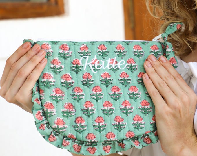 Mother’s Day Gift for Mom, Personalized Makeup Bag, Block Print Cosmetic Pouch, Gift for Her, Grandma Gift, Bridesmaid Gift, Travel Pouch