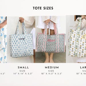 May include: Image showing four tote bags in different sizes: mini, small, medium, and large. The bags feature various floral patterns and personalized embroidery. The mini bag is 9" x 9" x 4.5", the small is 14" x 14" x 5.5", the medium is 18" x 11.5" x 5.5", and the large is 18" x 16" x 5.5".