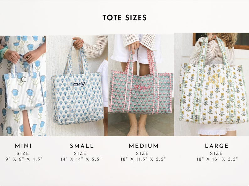 May include: Image showing four tote bags in different sizes: mini, small, medium, and large. The bags feature various floral patterns and personalized embroidery. The mini bag is 9" x 9" x 4.5", the small is 14" x 14" x 5.5", the medium is 18" x 11.5" x 5.5", and the large is 18" x 16" x 5.5".