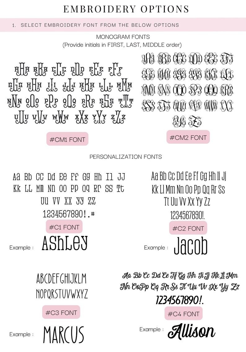 Puede incluir: Un gr&aacute;fico que muestra diferentes opciones de fuente de bordado para la personalizaci&oacute;n. El gr&aacute;fico incluye cuatro estilos de fuente diferentes, cada uno con un ejemplo de la fuente. Los estilos de fuente est&aacute;n etiquetados como #CM1, #CM2, #C1, #C2, #C3 y #C4.