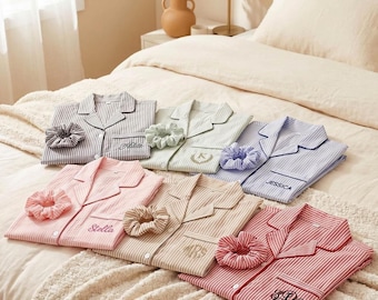 100% Cotton Striped Pajama Set, Personalized Bridesmaid Pajama Set, Bridal Party Gift