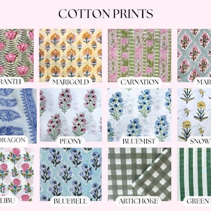 May include: A grid of twelve cotton fabric swatches labelled COTTON PRINTS. Patterns include Amaranth, Marigold, Carnation, Marina, Snapdragon, Peony, Bluemist, Snowdrop, Malibu, Bluebell, Artichoke, and Green Stripe featuring floral and geometric designs.