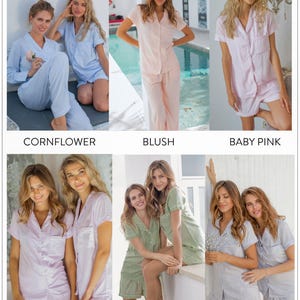 May include: Six different colours of pyjamas are shown in this image. The colours are cornflower blue, blush pink, baby pink, lilac, sage green, and grey. Each colour is shown on two women wearing the pyjamas.