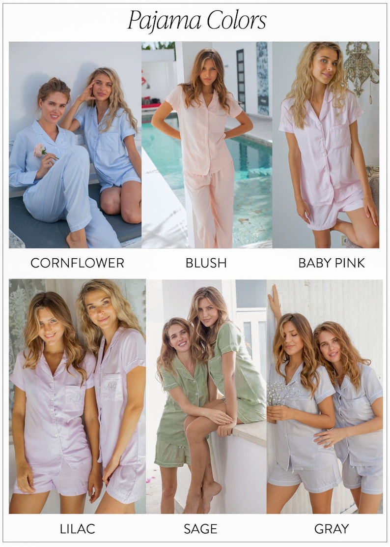 May include: Six different colours of pyjamas are shown in this image. The colours are cornflower blue, blush pink, baby pink, lilac, sage green, and grey. Each colour is shown on two women wearing the pyjamas.