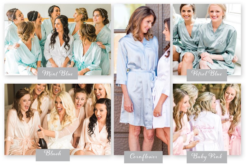 May include: A collection of images featuring women wearing satin robes in shades of mint blue, cornflower, blush, petrol blue, and baby pink. The robes are tied at the waist, likely for a wedding party.