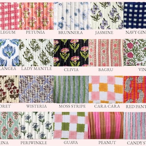 Puede incluir: Una colecci&oacute;n de muestras de tela acolchada con varios patrones florales, geom&eacute;tricos y de rayas. Cada muestra est&aacute; etiquetada con un nombre, como "Bubblegum", "Petunia" y "Navy Gingham". La paleta de colores incluye rosas, azules, verdes y naranjas.