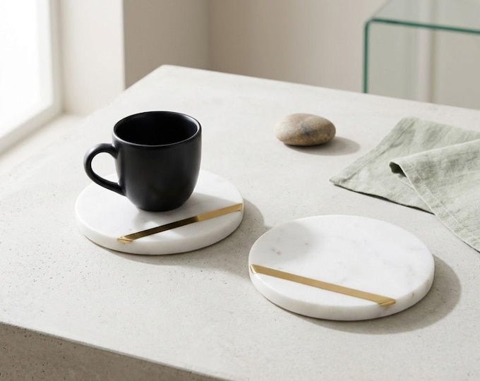 Minimalist White Marble Drink Coasters | Brass Inlay Stone Coaster Set | Elegant Coffee Table Decor | Wedding or New Home Gift Set