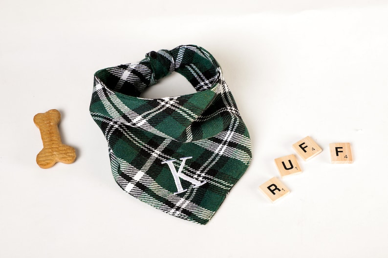Pu&ograve; includere: Un bandana per cani a quadri verdi e bianchi con una lettera K bianca ricamata. Il bandana &egrave; legato intorno al collo di un cane. La parola "RUFF" &egrave; scritta con tessere di lettere.