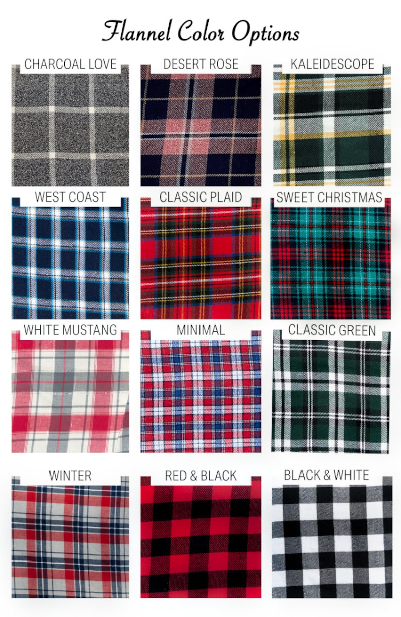 Pu&ograve; includere: Una selezione di campioni di tessuto in flanella in vari colori e motivi, tra cui antracite, rosa del deserto, caleidoscopio, costa occidentale, scozzese classico, dolce natale, mustang bianco, minimal, verde classico, inverno, rosso e nero e bianco e nero.