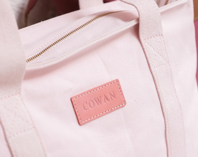 Personalized Canvas Tote Bag with Leather Trim, Monogrammed Bridesmaid Tote, Large Travel Beach Bag for Women, Bridal Shower Gift for Her