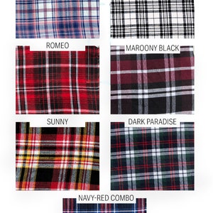 Pu&ograve; includere: Campioni di tessuto in flanella in vari colori e motivi, tra cui orizzonte bianco, zebra, romeo, nero granata, soleggiato, paradiso scuro e combinazione blu navy-rosso.