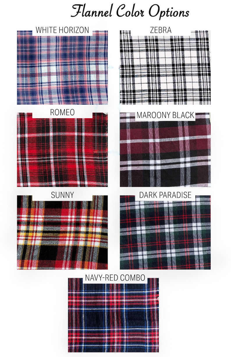 Pu&ograve; includere: Campioni di tessuto in flanella in vari colori e motivi, tra cui orizzonte bianco, zebra, romeo, nero granata, soleggiato, paradiso scuro e combinazione blu navy-rosso.