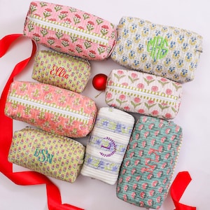 Personalisierte Make-up Tasche Block-Print Kosmetiktasche Gesteppte Kulturtasche mit Namen