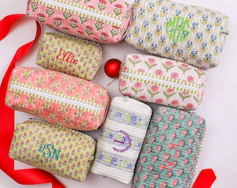Personalized Makeup Bag Block Print Cosmetic Bag Quilted Toiletary Pouch with name