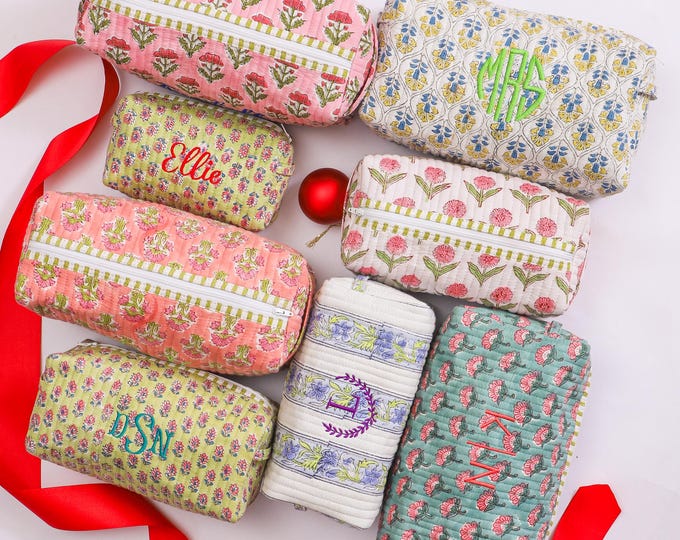 Personalized Makeup Bag Block Print Cosmetic Bag Quilted Toiletary Pouch with name