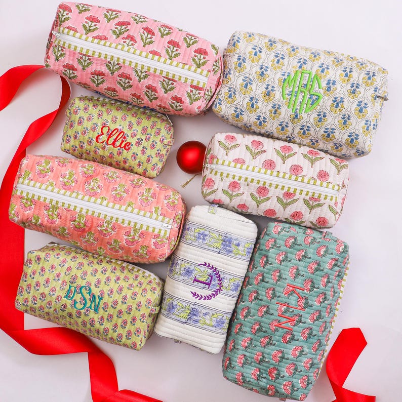 Personalized Makeup Bag Block Print Cosmetic Bag Quilted Toiletary Pouch with name