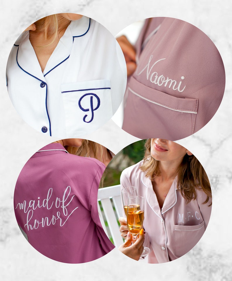May include: Four different pajamas with embroidered text. One white pajama top with a navy blue trim and a navy blue letter "P" embroidered on the pocket. One pink pajama top with "Naomi" embroidered on the pocket. One pink pajama top with "maid of honor" embroidered on the back. One pink pajama top with "M.F.C" embroidered on the pocket.