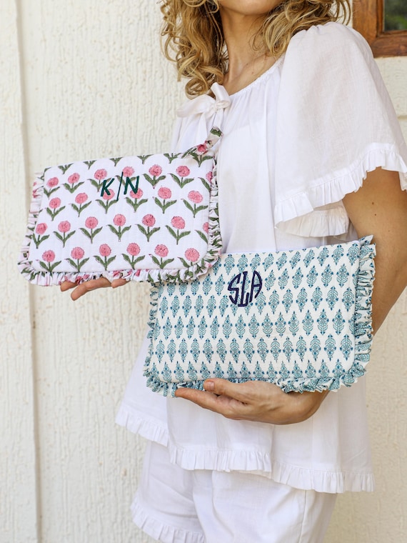 Personalized Ruffled Makeup Bag | Block Print Cosmetic Pouch | Bridesmaid Gift | Travel Toiletry Bag | Zipper Clutch Custom Embroidered