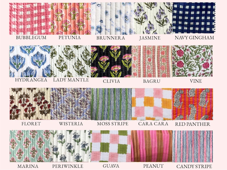 May include: A collection of quilted fabric swatches with various floral, geometric, and striped patterns. Each swatch is labeled with a unique name, including "Bubblegum," "Petunia," "Navy Gingham," and "Red Panther." The color palette includes pinks, blues, greens, and oranges.