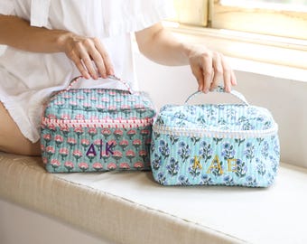 Quilted Cotton Train Case, Block Print Toiletry Bag, Boho Makeup Toiletry Bag, Travel Cosmetic Pouch, Bridesmaid Gift Embroidered Floral Bag